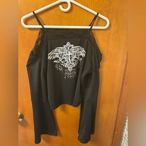 Black Lace-Trim Off the Shoulder with Silver Winged Cross Graphic Bell Sleeves